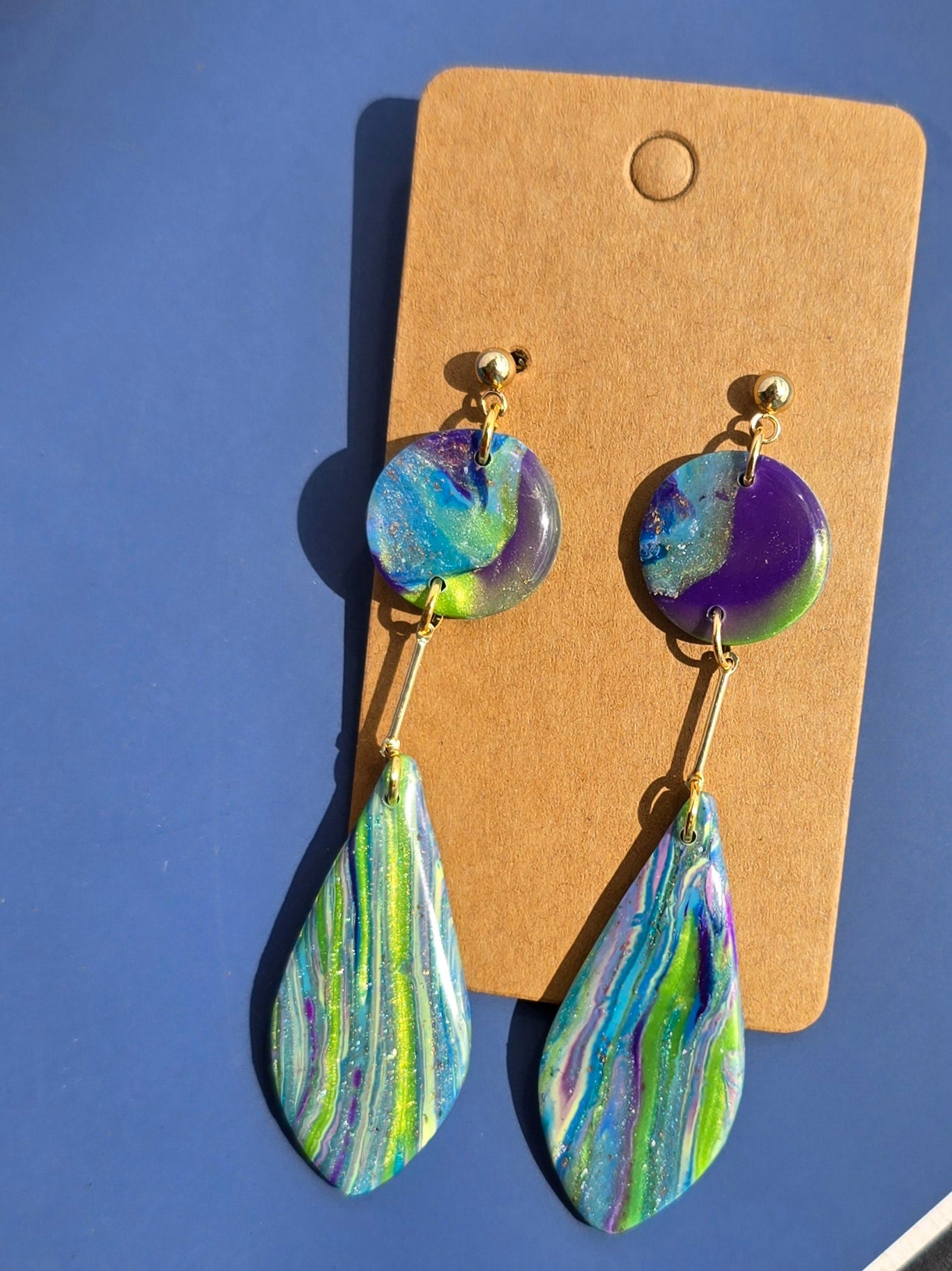 Handmade Polymer Clay Earrings – Faux Marble & Organic Stripes with Gold Bar Connector #50