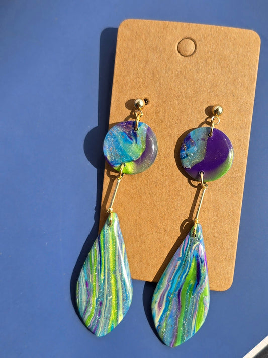 Green, blue & purple swirls dangle earrings #50