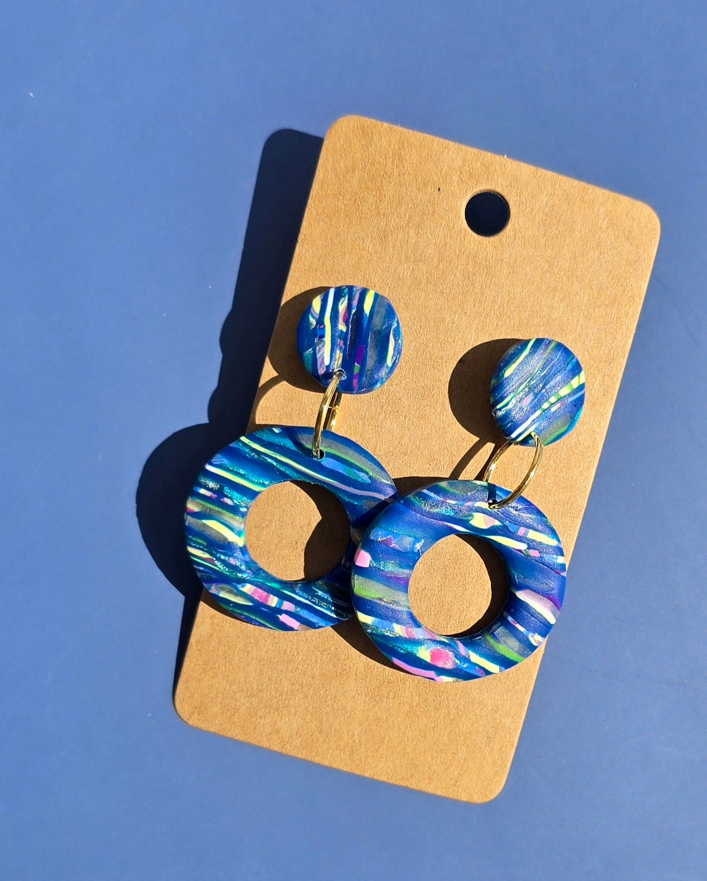 Handmade Polymer Clay Earrings – Multi color organic striped double circle dangles #44
