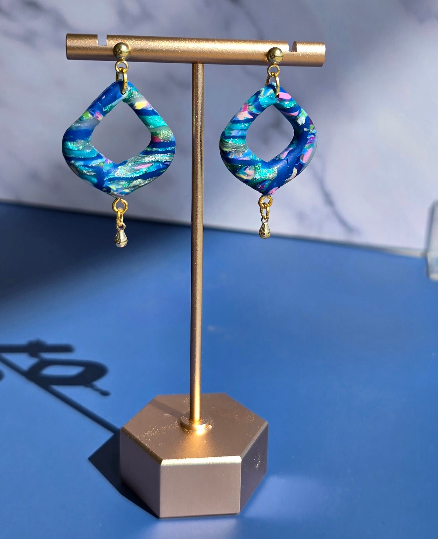 Handmade Polymer Clay Earrings – Blue, Purple, & Green Design with Gold-Plated accents #43