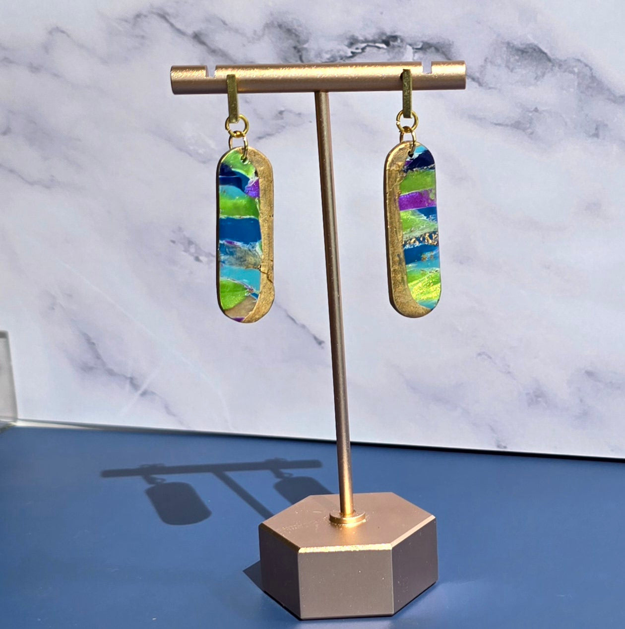 Handmade Polymer Clay Earrings – Blue, Purple & Green Faux Marble w/ Gold accent #36
