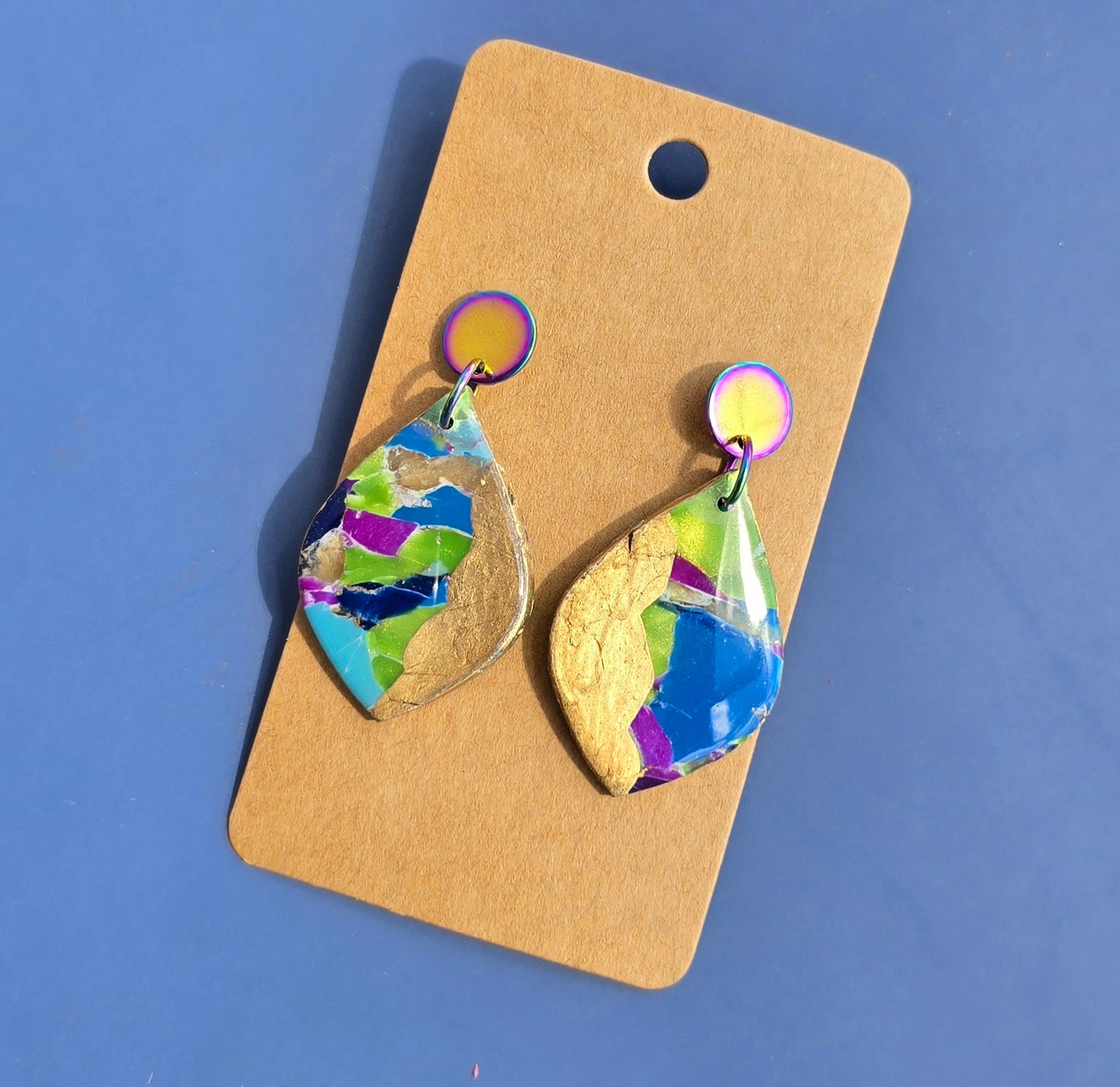 Handmade Polymer Clay Earrings – Blue, Purple & Green Faux Marble w/ Gold accent #38
