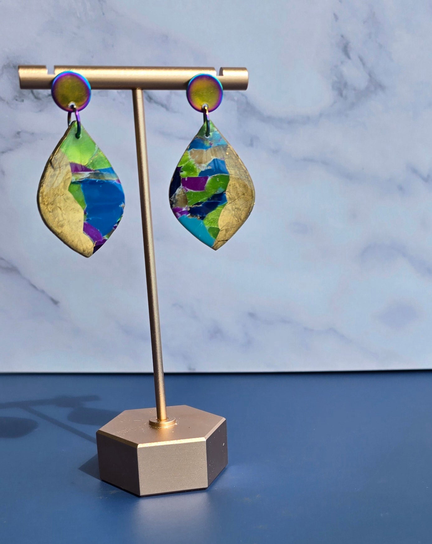 Handmade Polymer Clay Earrings – Blue, Purple & Green Faux Marble w/ Gold accent #38