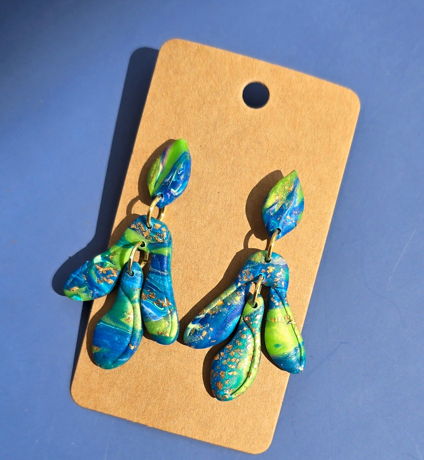Handmade Polymer Clay Earrings – Blue & Green Faux Marble with Gold Leaf Accents #47