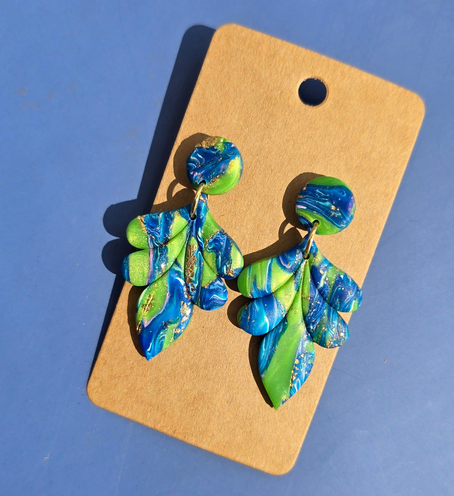 Handmade Polymer Clay Earrings – Faux Marble Leaf with Gold Leaf Accents #46