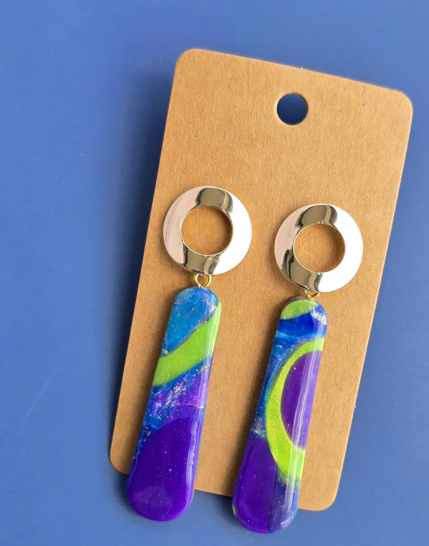 Handmade Polymer Clay Earrings – Purple, Green & Translucent Marbled Long Dangles with Open Gold Circle Studs #55