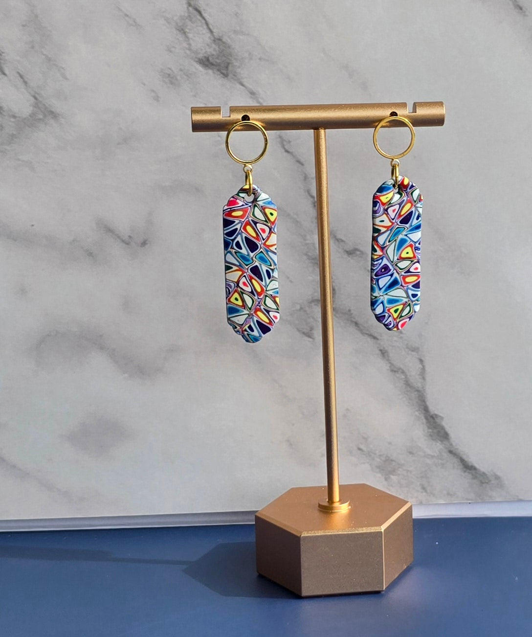 Handmade Long Drop Earrings with a Mosaic Design #4