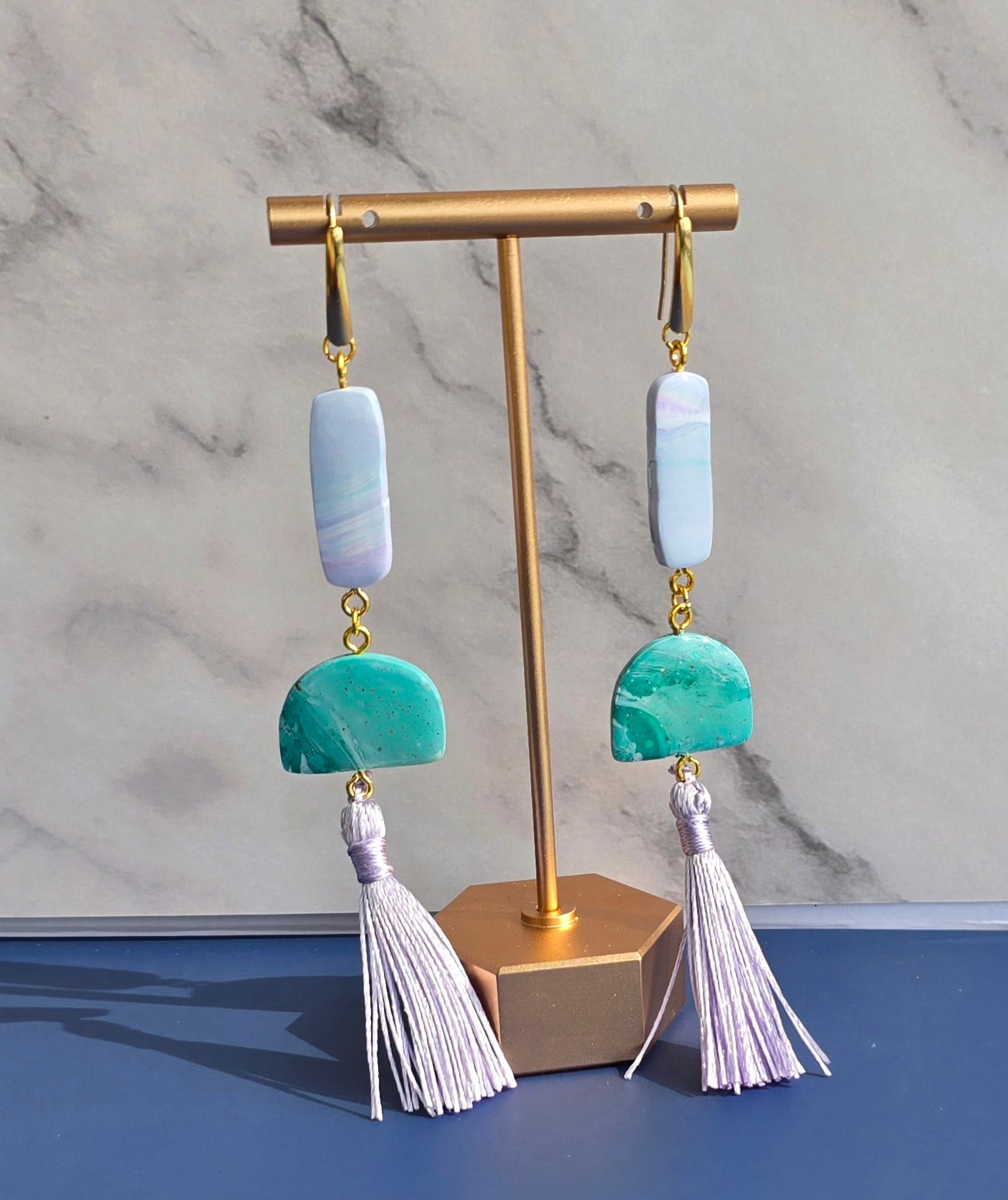 Art Deco Inspired Earrings with Marbled and Tassel Accents #7