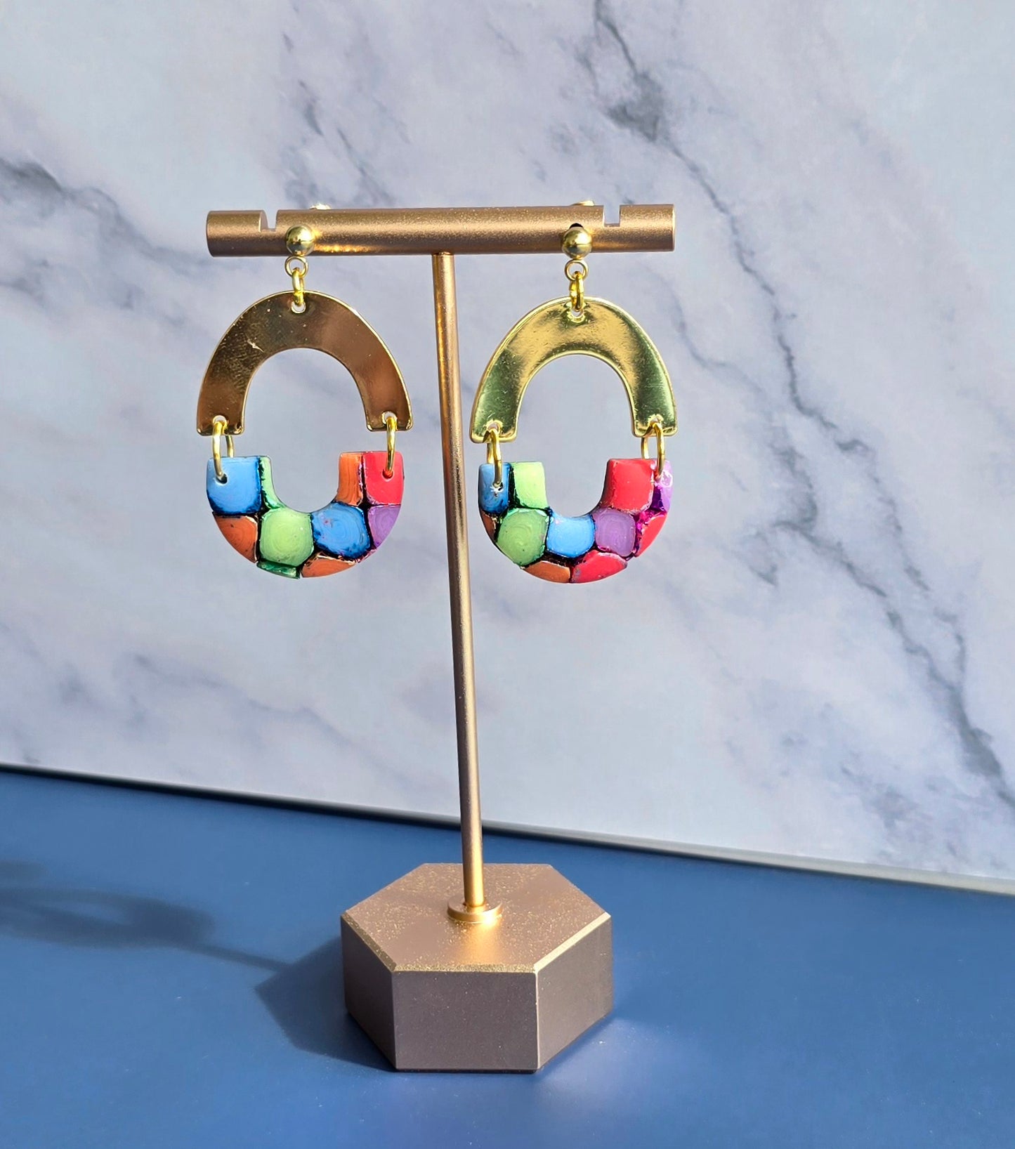 Handmade Mosaic Hoop Earrings in Bright Colors #25