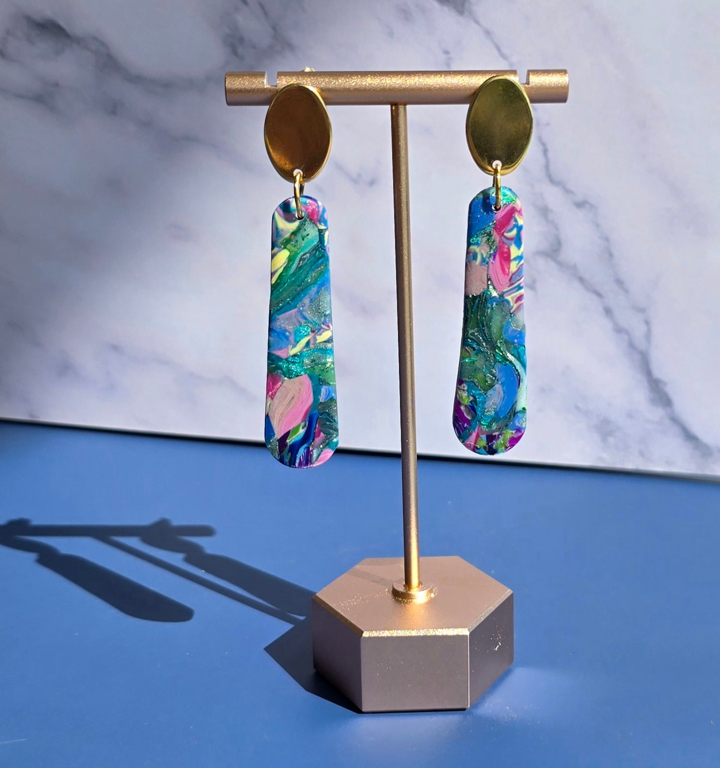 Handmade Polymer Clay Earrings – Monet-Inspired Color Palette Long Dangles with Gold Oval Studs #54