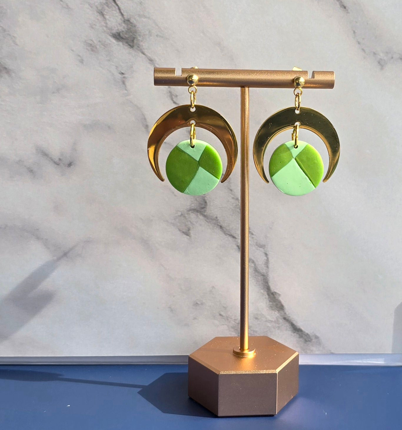 Handmade Two-Tone Green and Gold Celestial Dangle Earrings #6
