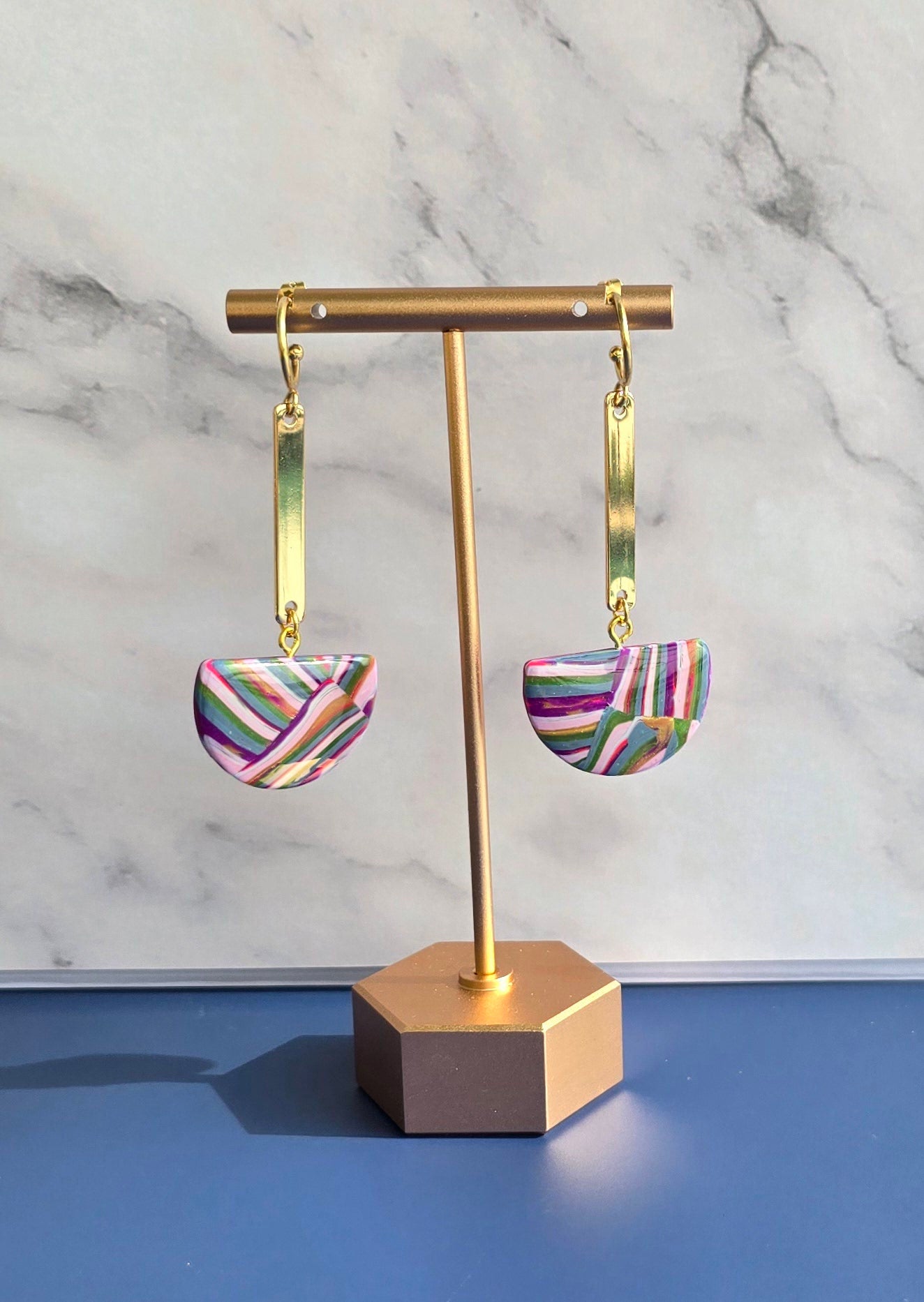 Handmade Half-Moon Dangle Earrings with Colorful Stripes #22