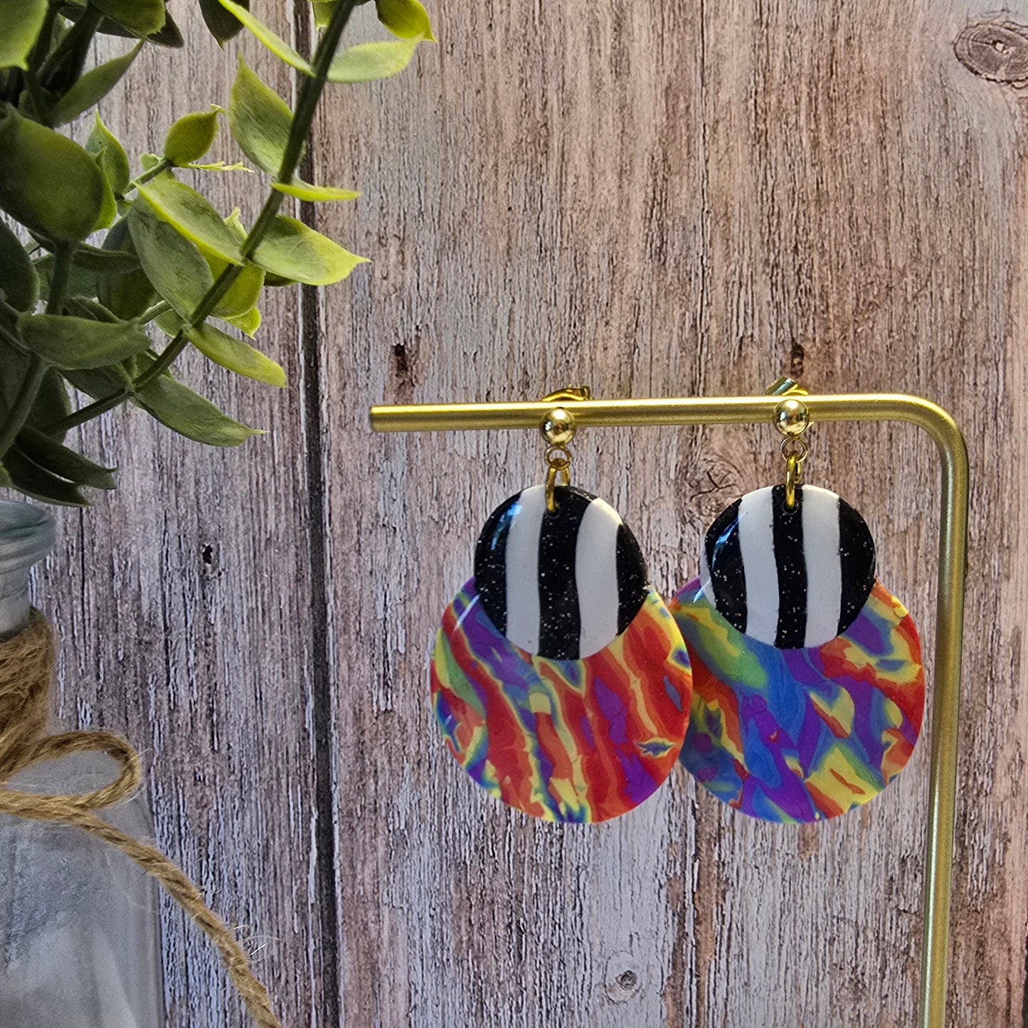 Rainbow Mokume Gane and Striped Layered Circle Earrings #26