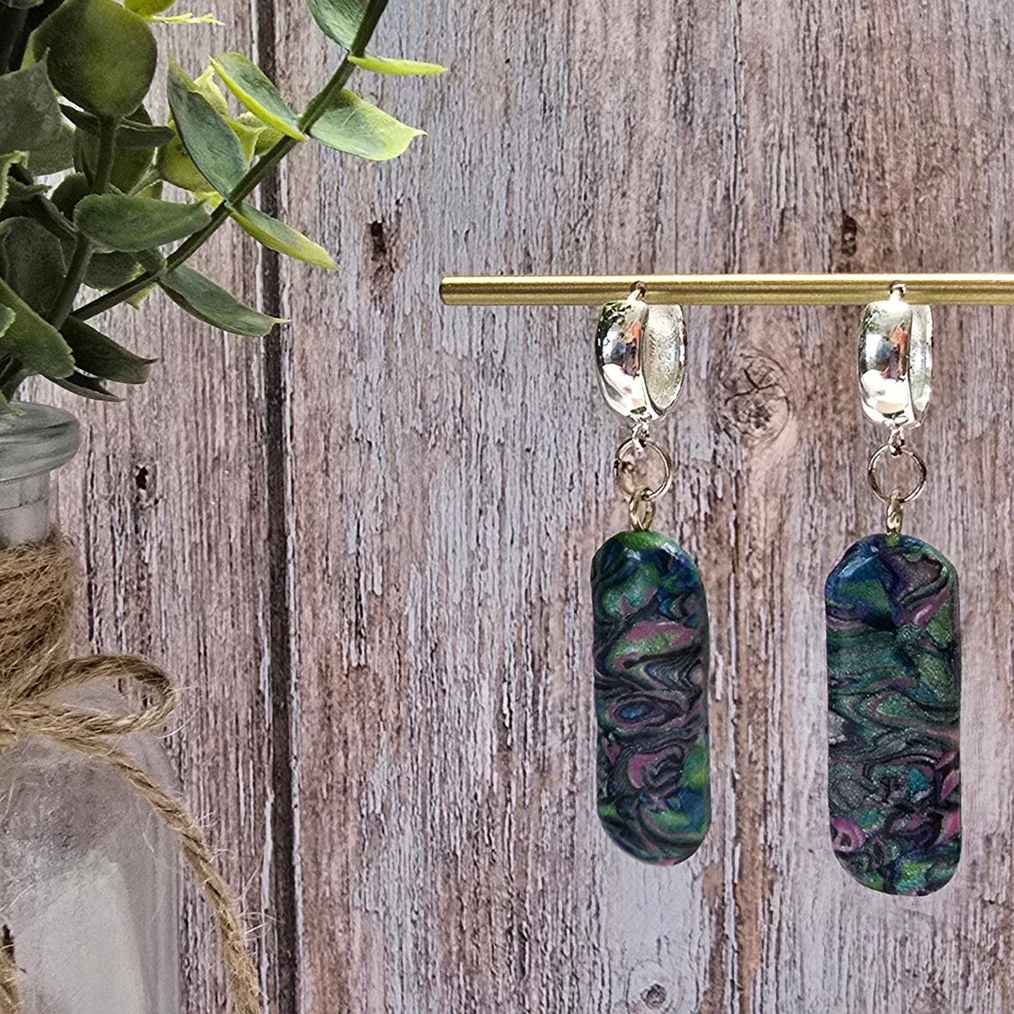 Faux Abalone with Silver Huggie Hoop #32