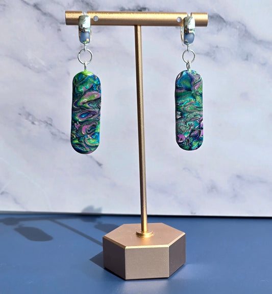 Handmade Polymer Clay Earrings – Faux Abalone with Silver Huggie Hoop #32