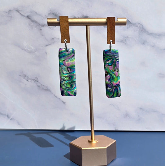 Handmade Polymer Clay Earrings – Faux Abalone with Wooden Drop Stud #31