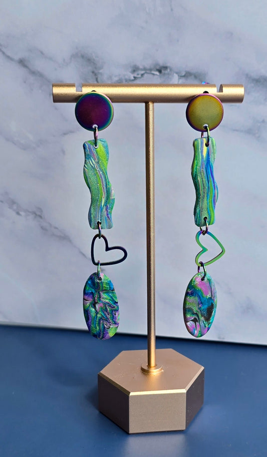 Handmade Polymer Clay Earrings – Faux Abalone with Rainbow stud & heart #33