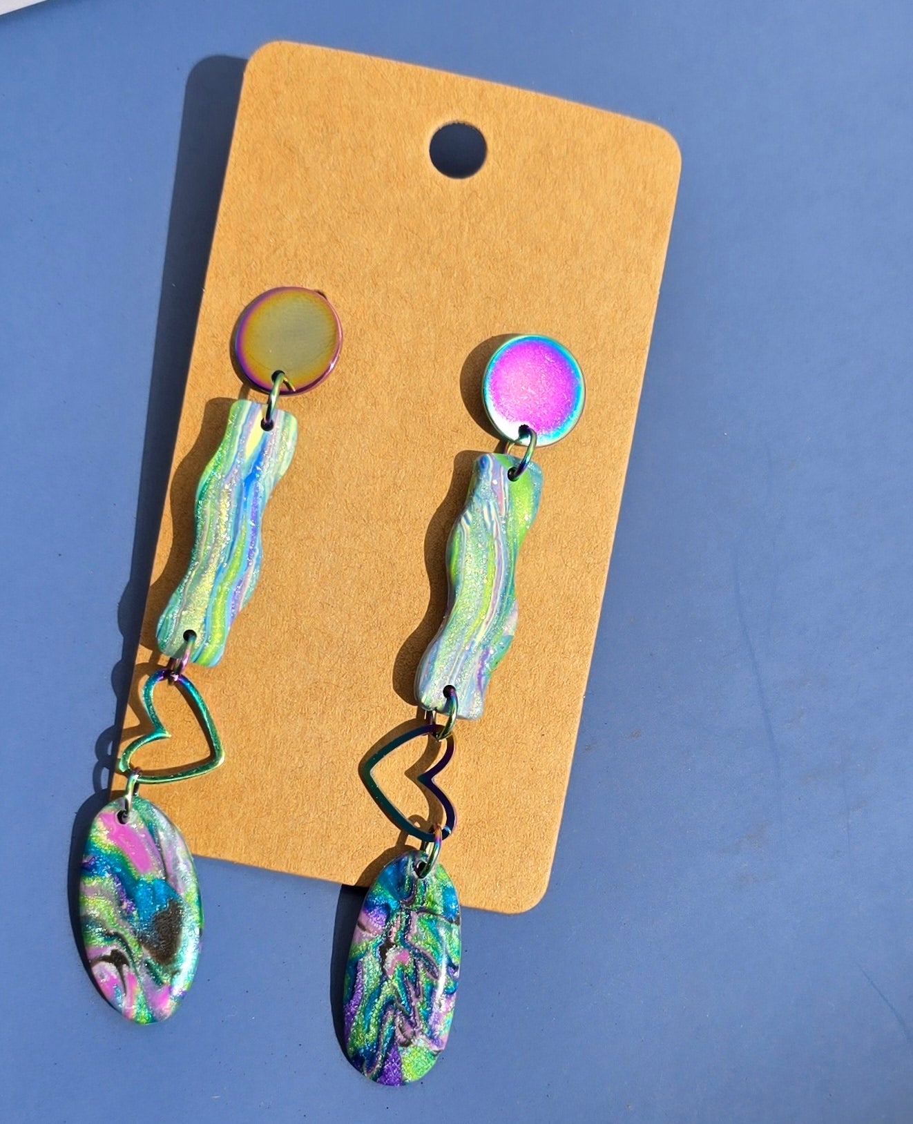 Handmade Polymer Clay Earrings – Faux Abalone with Rainbow stud & heart #33