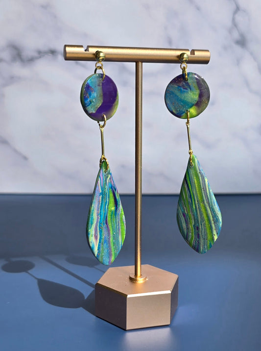 Handmade Polymer Clay Earrings – Faux Marble & Organic Stripes with Gold Bar Connector #50