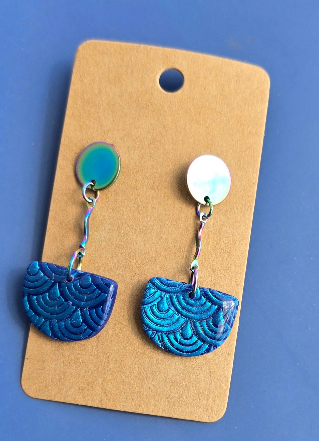 Handmade Polymer Clay Earrings – Royal Blue Half Circles with Layered Rainbow Texture & Rainbow Steel Accents #51