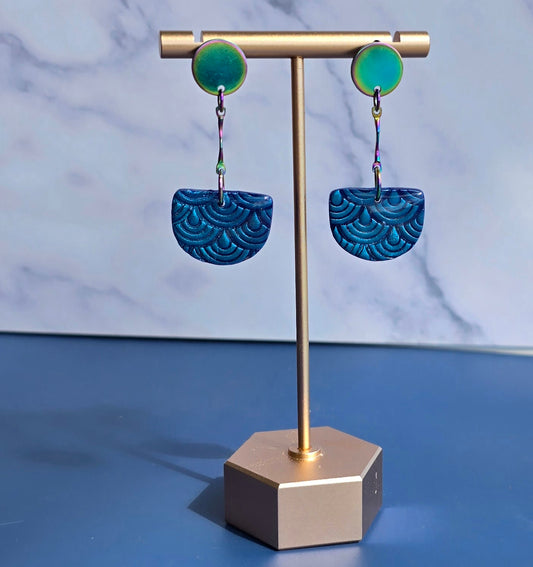 Handmade Polymer Clay Earrings – Royal Blue Half Circles with Layered Rainbow Texture & Rainbow Steel Accents #51