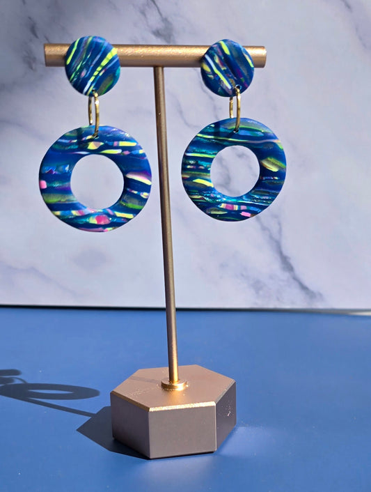 Handmade Polymer Clay Earrings – Multi color organic striped double circle dangles #44