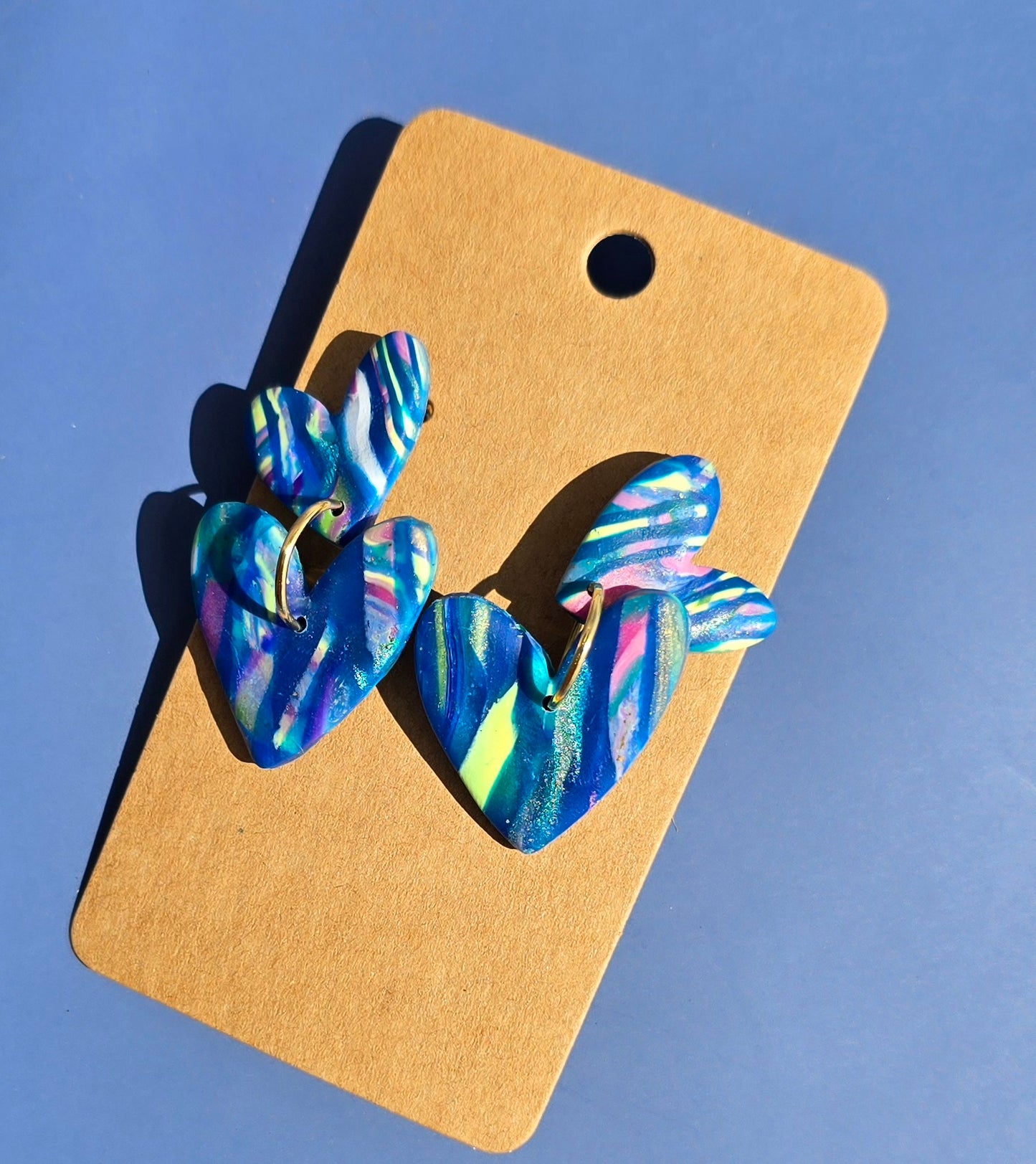 Handmade Polymer Clay Earrings – Multi color organic striped double heart dangles #45
