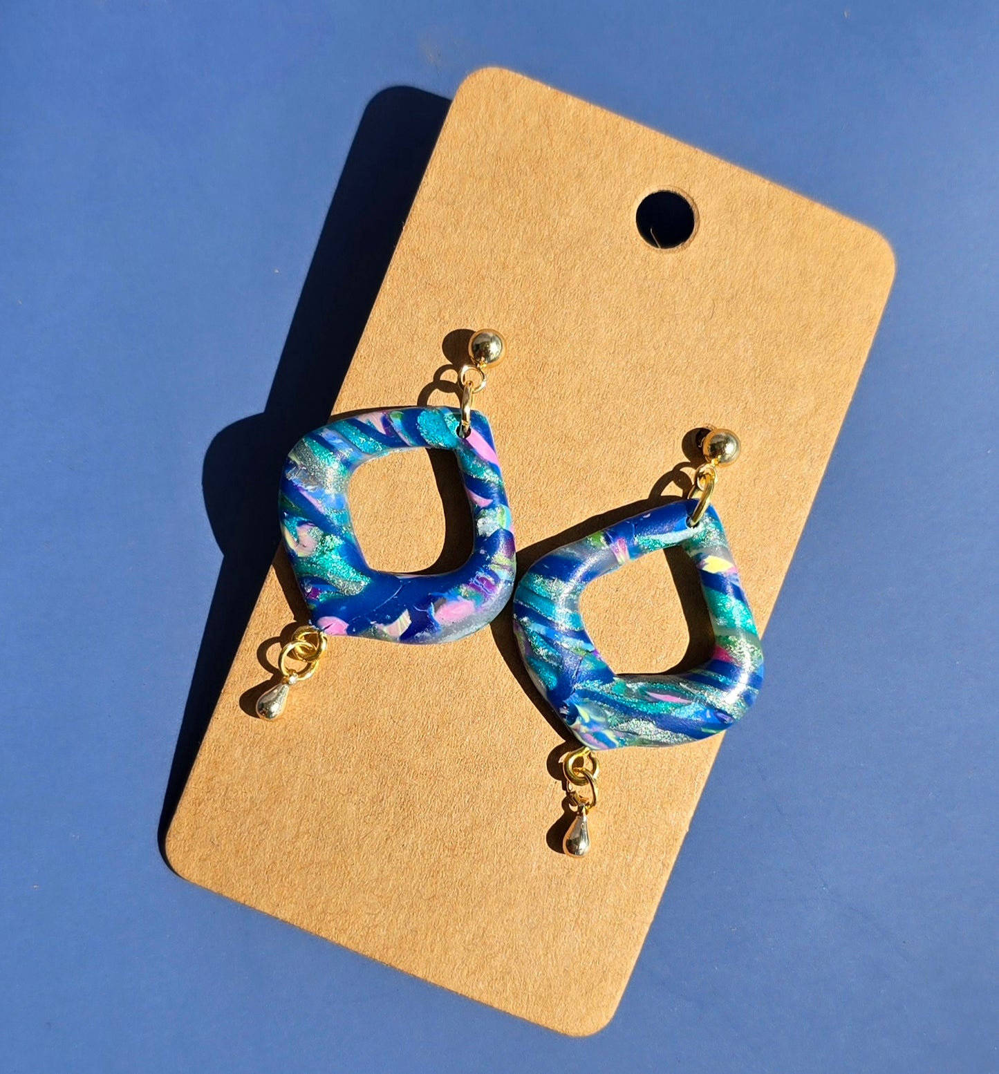 Handmade Polymer Clay Earrings – Blue, Purple, & Green Design with Gold-Plated accents #43
