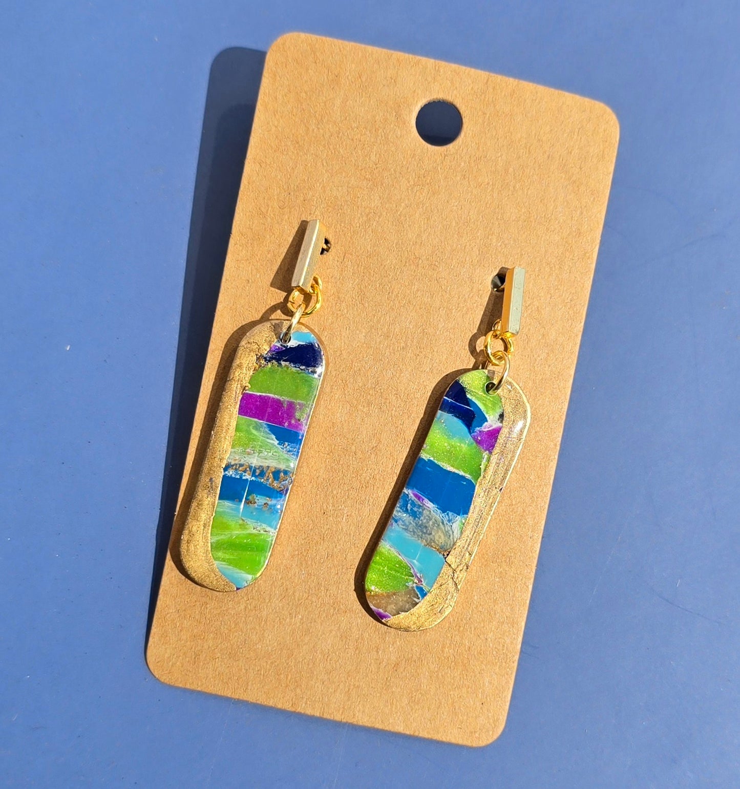 Handmade Polymer Clay Earrings – Blue, Purple & Green Faux Marble w/ Gold accent #36