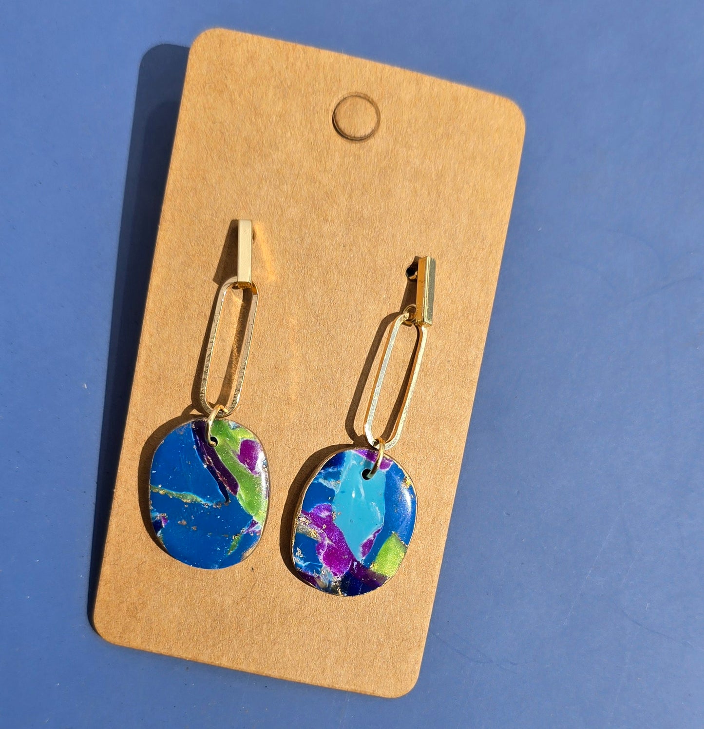 Handmade Polymer Clay Earrings – Blue, Purple & Green Faux Marble on Gold Oval Drops #34