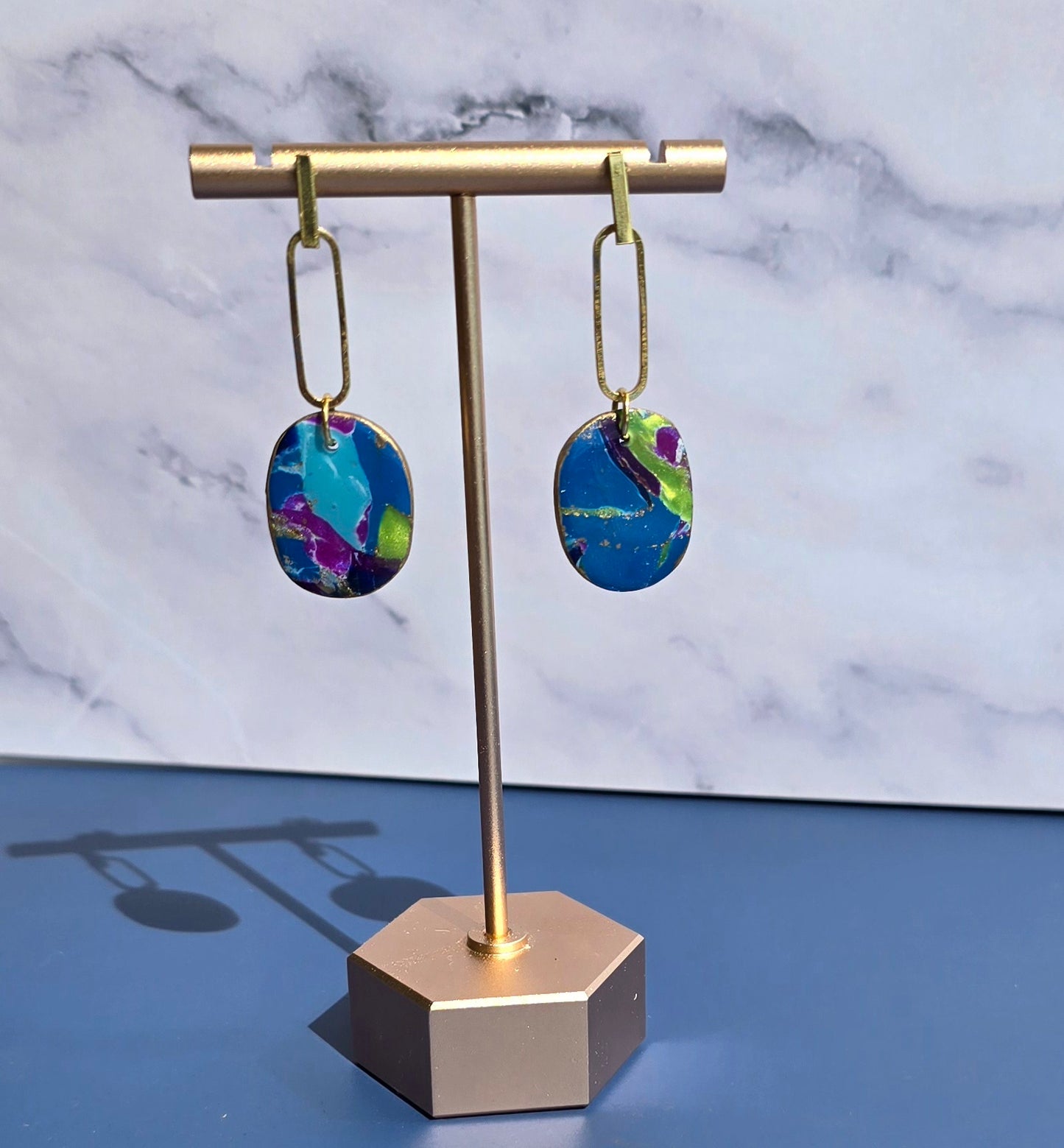 Handmade Polymer Clay Earrings – Blue, Purple & Green Faux Marble on Gold Oval Drops #34