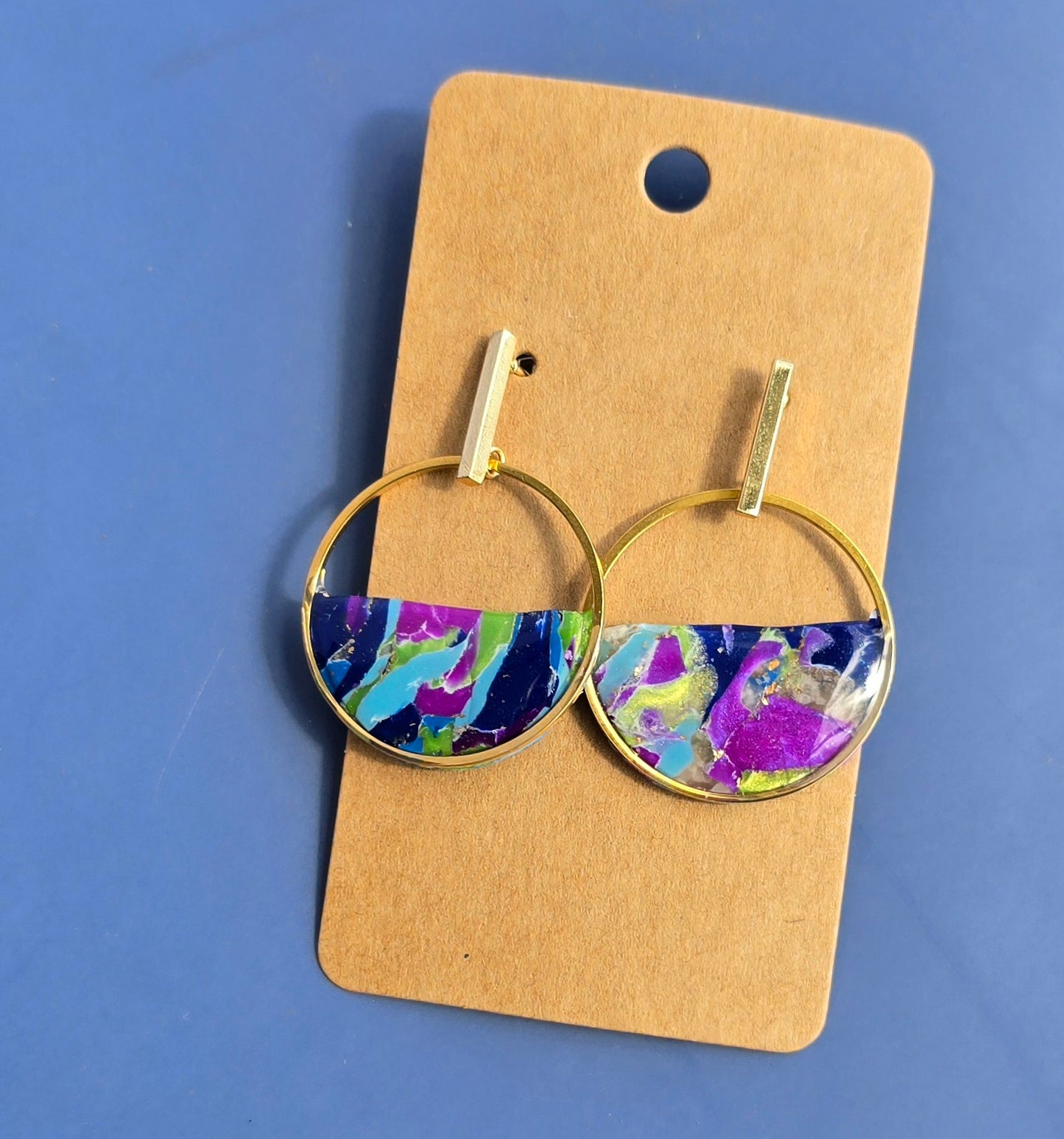 Handmade Polymer Clay Earrings – Blue, Purple & Green Faux Marble half circle drops #35