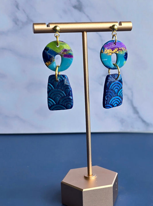 Handmade Polymer Clay Earrings – Colorful faux marble and vibrant blue textured imprint #39