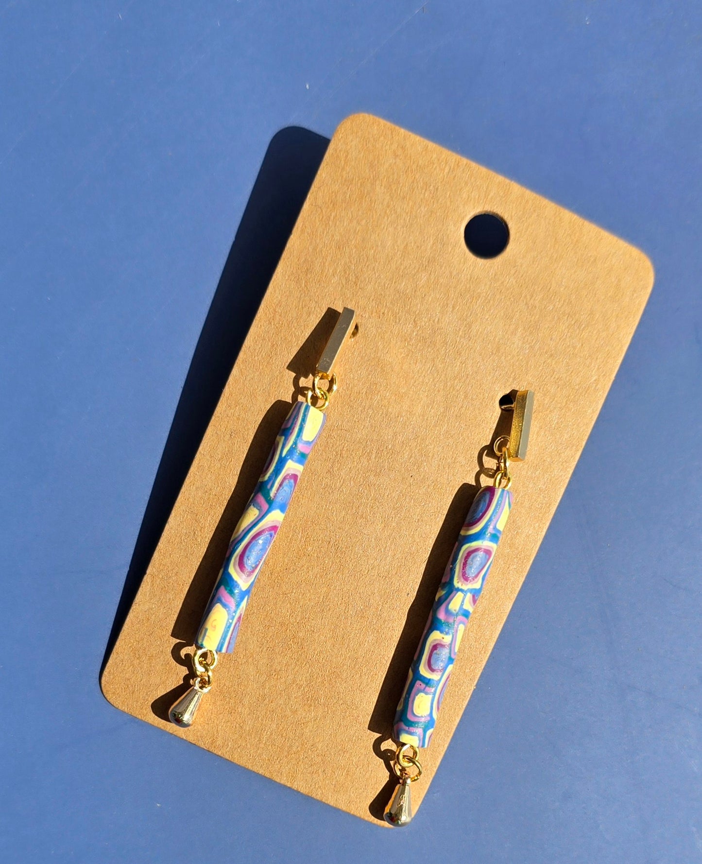 Handmade Polymer Clay Earrings – Bullseye Pattern Bar Beads with Gold Accents #56