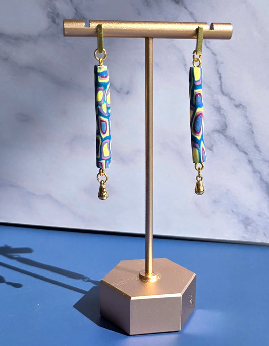 Handmade Polymer Clay Earrings – Bullseye Pattern Bar Beads with Gold Accents #56