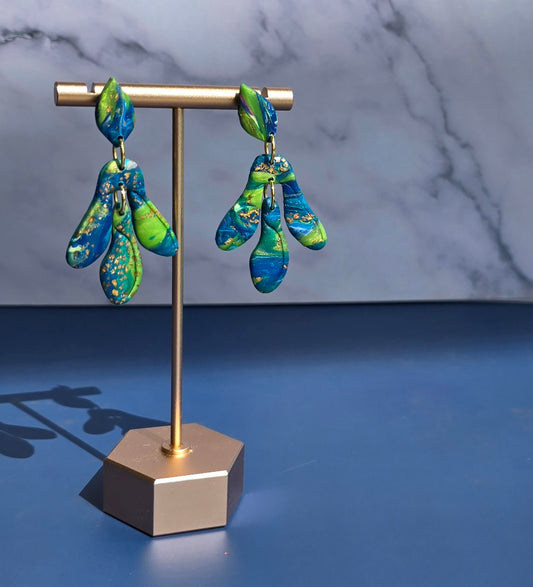 Handmade Polymer Clay Earrings – Blue & Green Faux Marble with Gold Leaf Accents #47