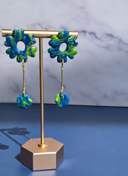 Handmade Polymer Clay Earrings – Blue & Green Faux Marble Flowers with Gold Leaf and Bar Dangle #49