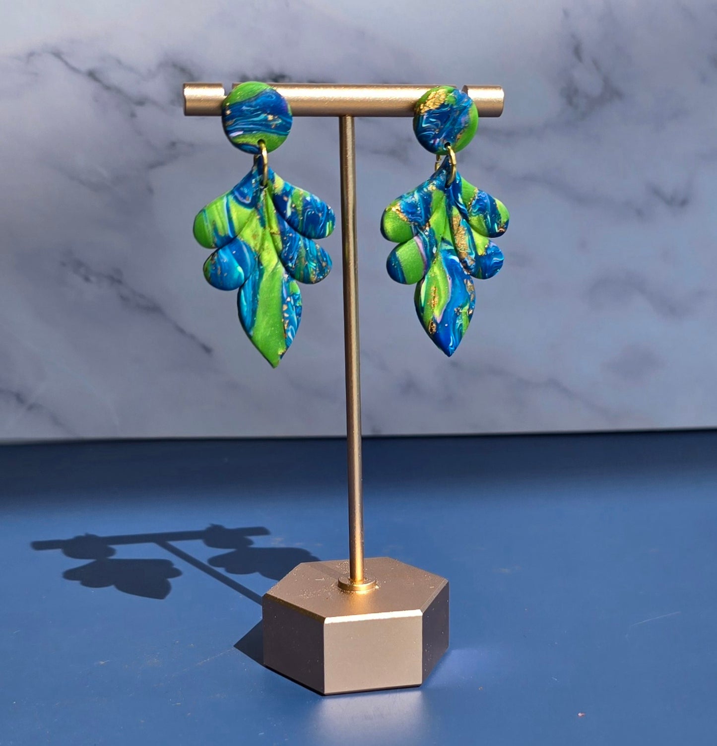 Handmade Polymer Clay Earrings – Faux Marble Leaf with Gold Leaf Accents #46