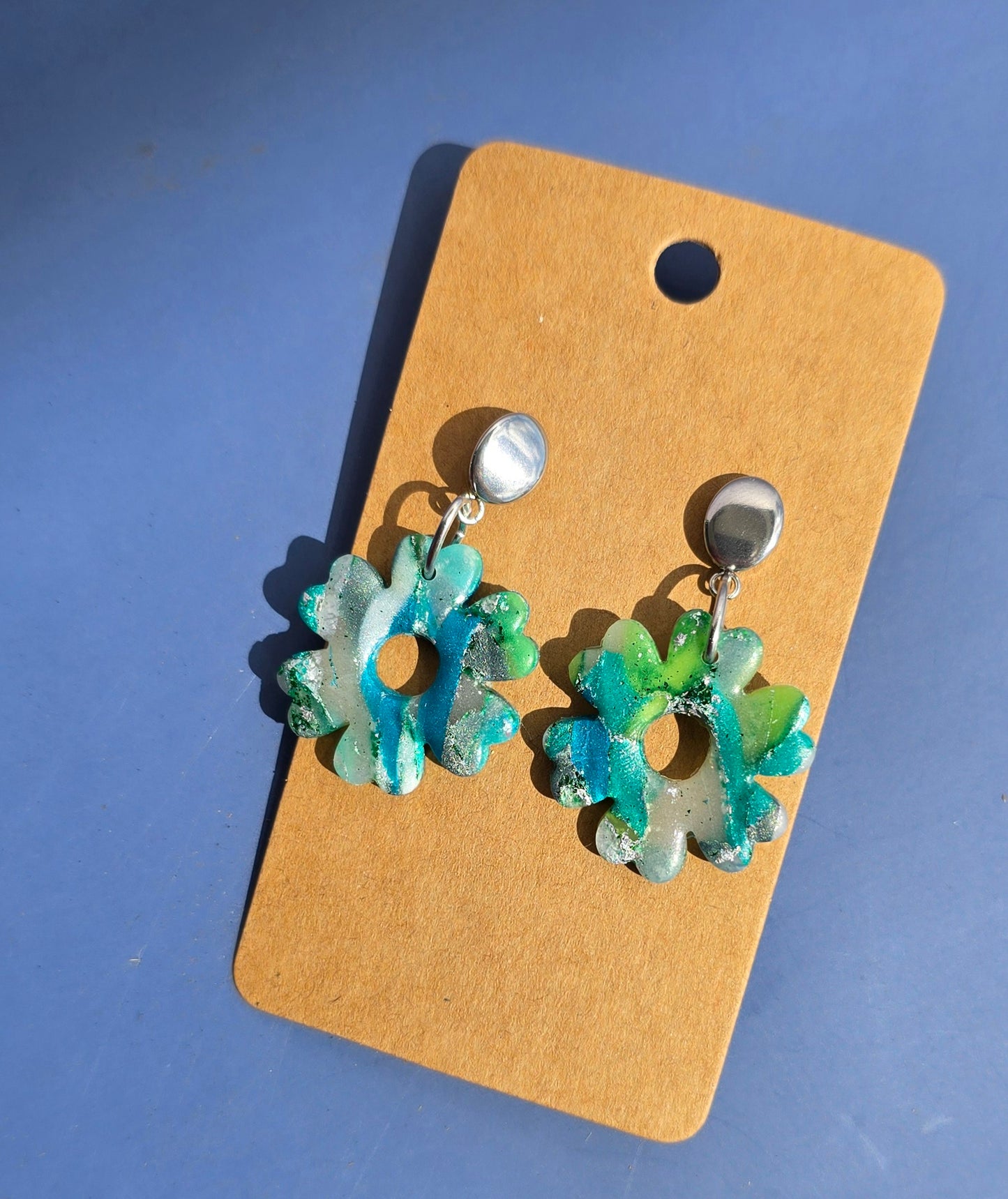 Handmade Polymer Clay Earrings – Green & Translucent Faux Marble Flowers on Stainless Steel Studs #48