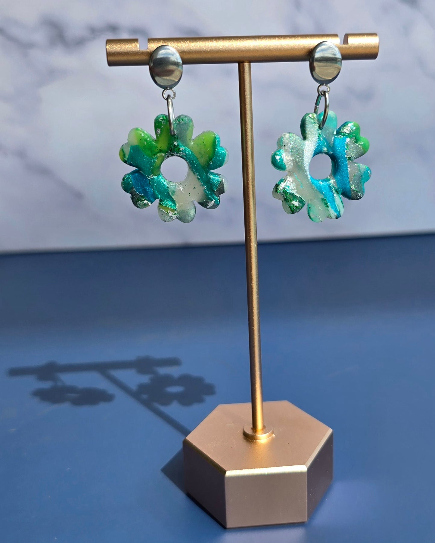 Handmade Polymer Clay Earrings – Green & Translucent Faux Marble Flowers on Stainless Steel Studs #48