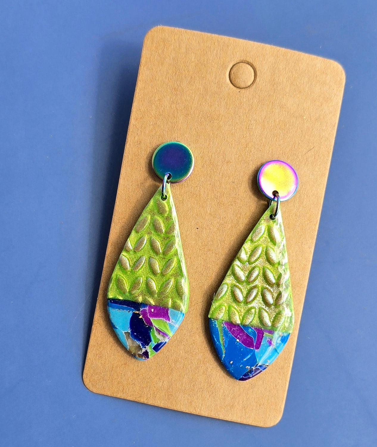 Handmade Polymer Clay Earrings – Mixed textures of colorful faux marble and green "knit" #41