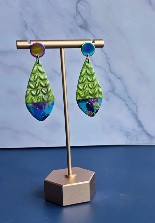 Handmade Polymer Clay Earrings – Mixed textures of colorful faux marble and green "knit" #41
