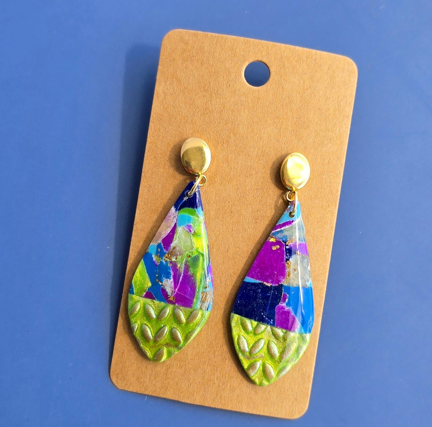 Handmade Polymer Clay Earrings – Mixed textures of colorful faux marble and green "knit" #40