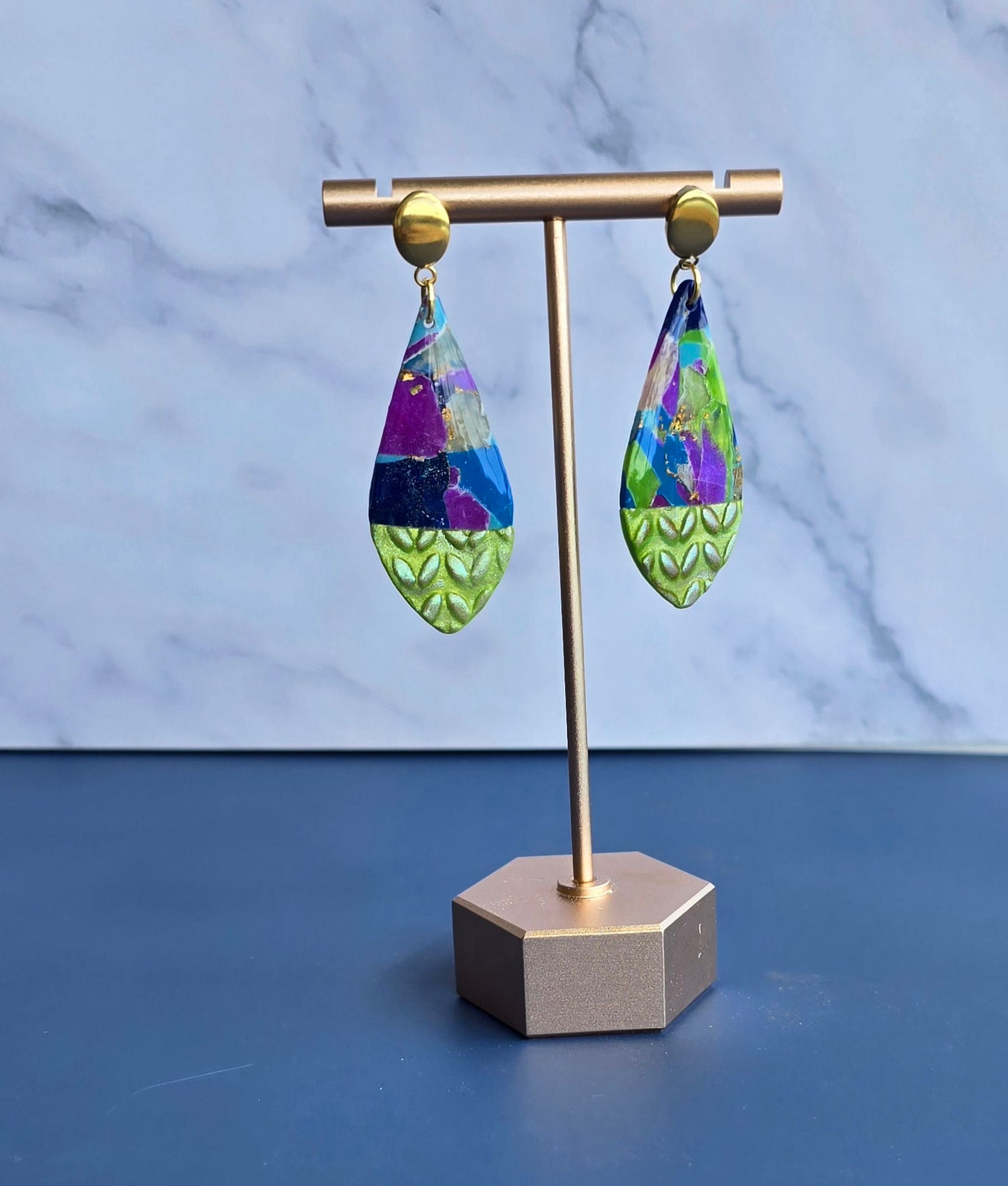 Handmade Polymer Clay Earrings – Mixed textures of colorful faux marble and green "knit" #40