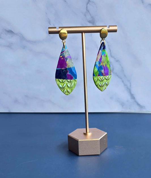 Handmade Polymer Clay Earrings – Mixed textures of colorful faux marble and green "knit" #40