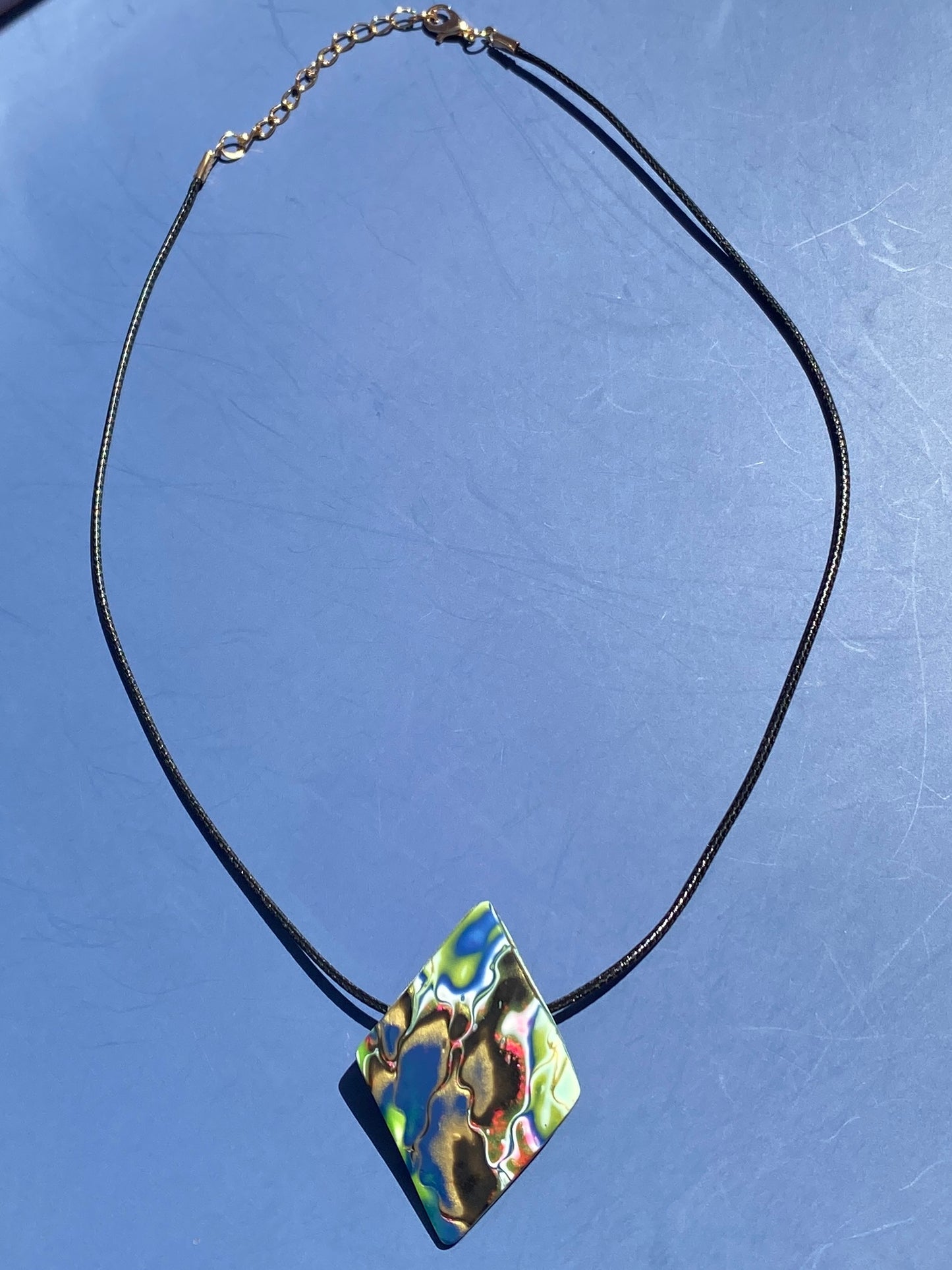 Diamond-Shaped Faux Marble Polymer Clay Pendant – Green, Navy, Bronze & Hot Pink $123