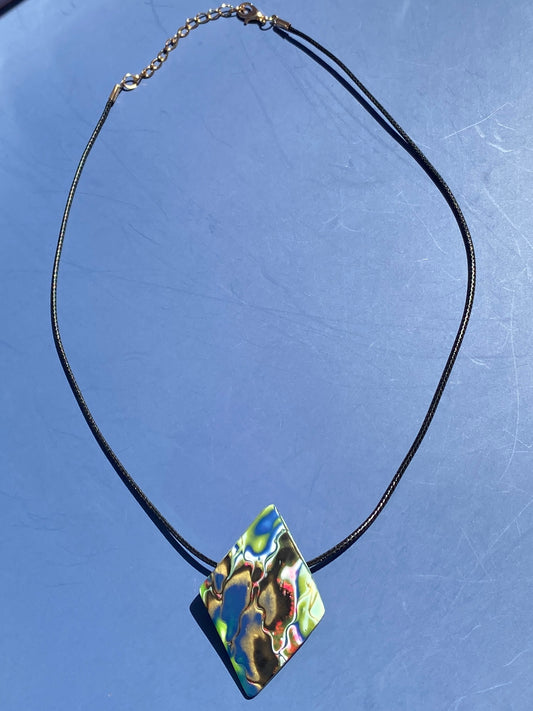 Diamond-Shaped Faux Marble Polymer Clay Pendant – Green, Navy, Bronze & Hot Pink $123