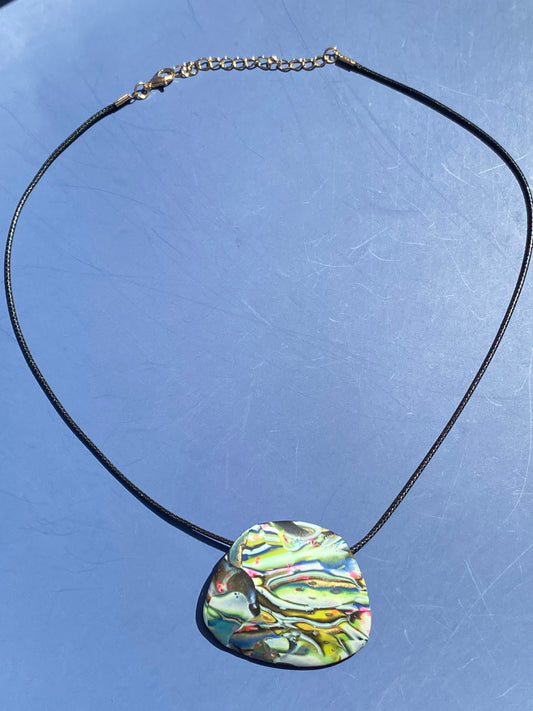 Handcrafted Faux Marble Polymer Clay Pendant – Green, Navy, Bronze & Hot Pink #122
