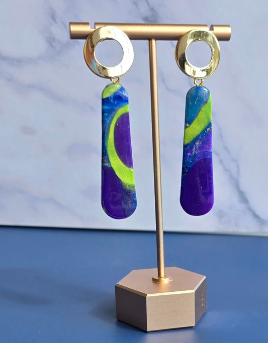 Handmade Polymer Clay Earrings – Purple, Green & Translucent Marbled Long Dangles with Open Gold Circle Studs #55
