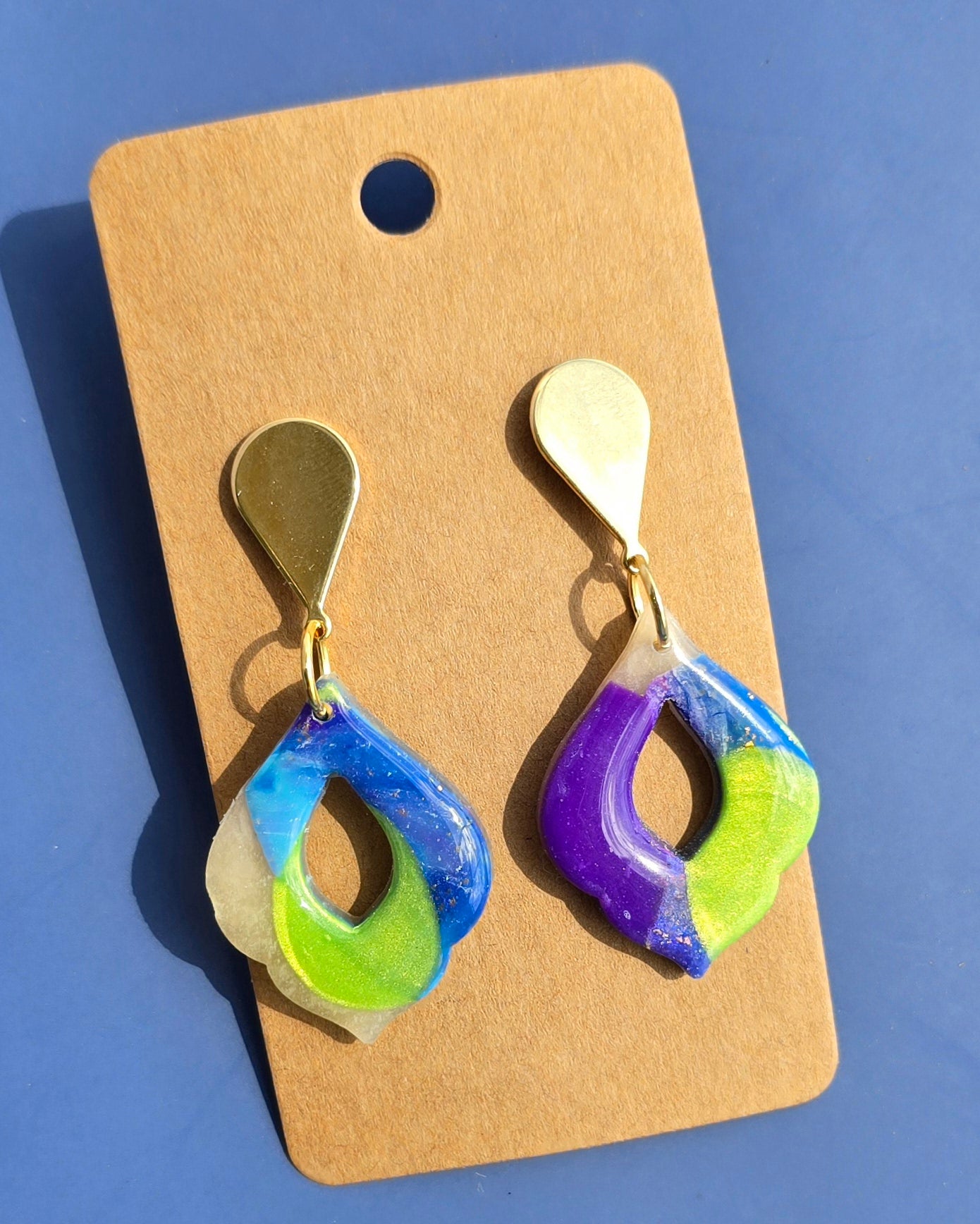 Handmade Polymer Clay Earrings – Blue, Purple, Green & Translucent Design on Gold-Plated Teardrop Studs #42